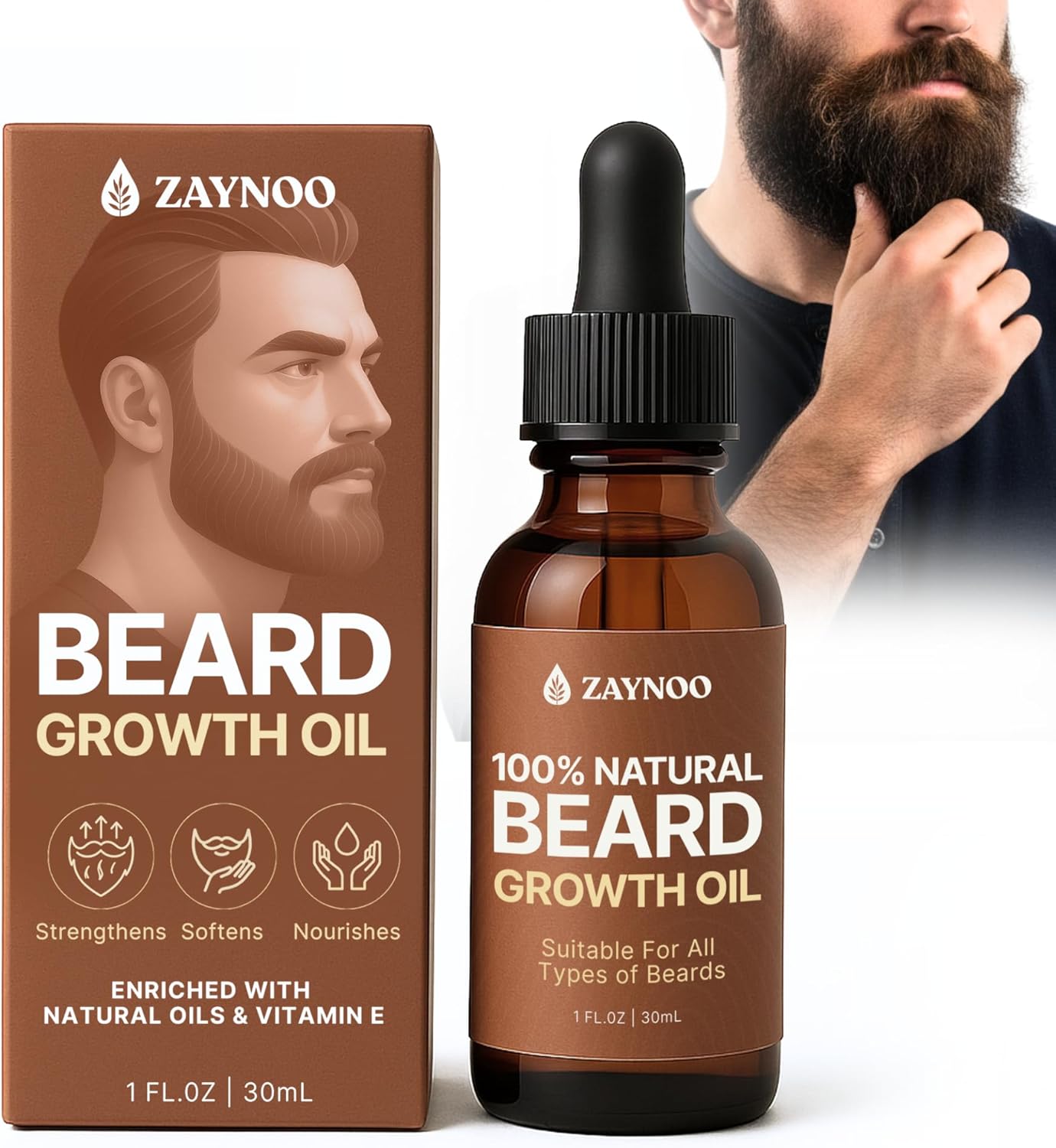 Beard Growth Oil for Men 30ml - Organic 100% Natural Jojoba & Argan Oil with Vitamin E for Mustache Growth Oil, Infused with Sandalwood Scent, Promotes Thicker Fuller Beard & Reduces Itch
