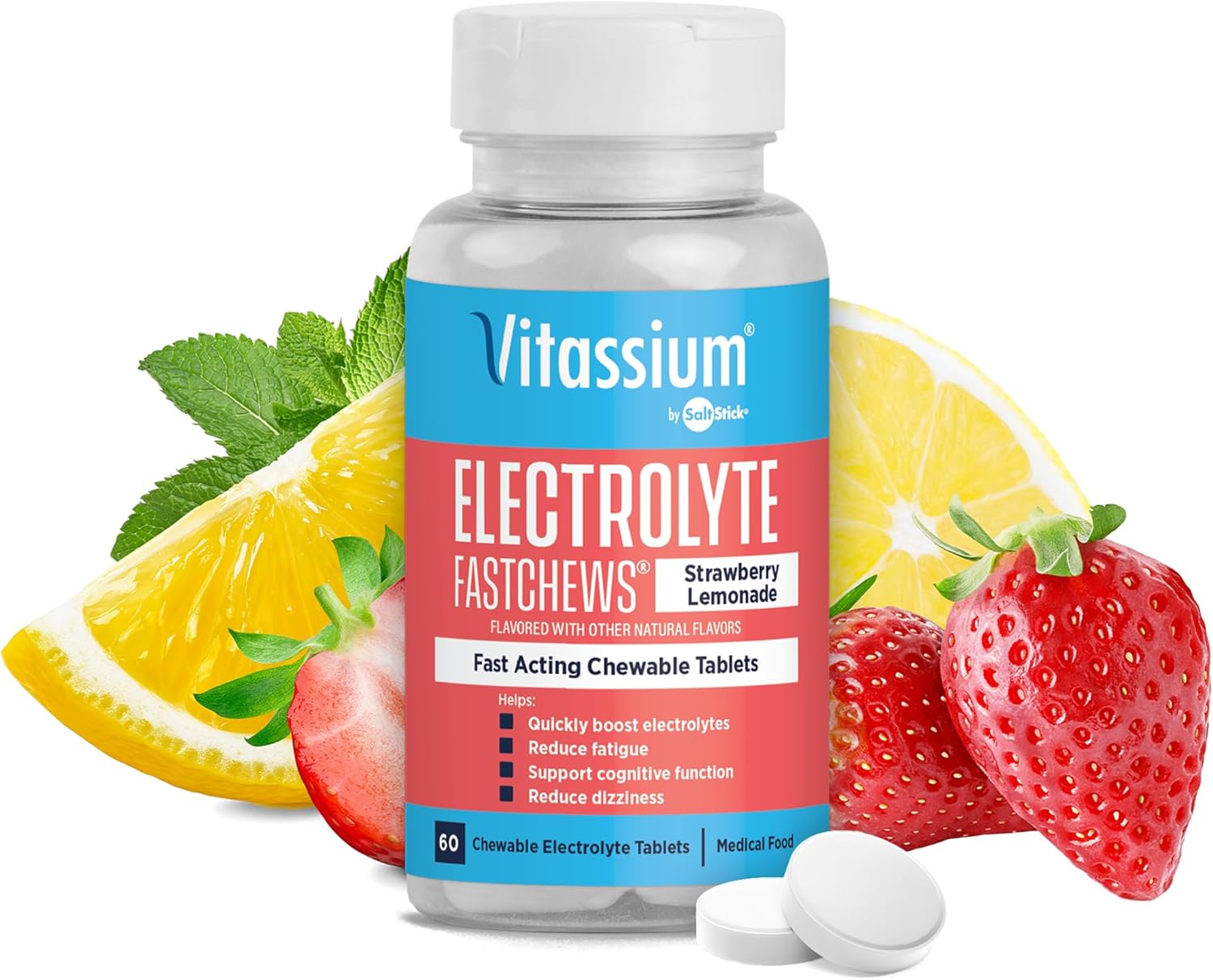 Vitassium FastChews, Chewable Electrolyte Tablets for Management of POTS and High Sodium Diets, Fast-Acting Sodium Tablets, Strawberry Lemonade, 60 Count