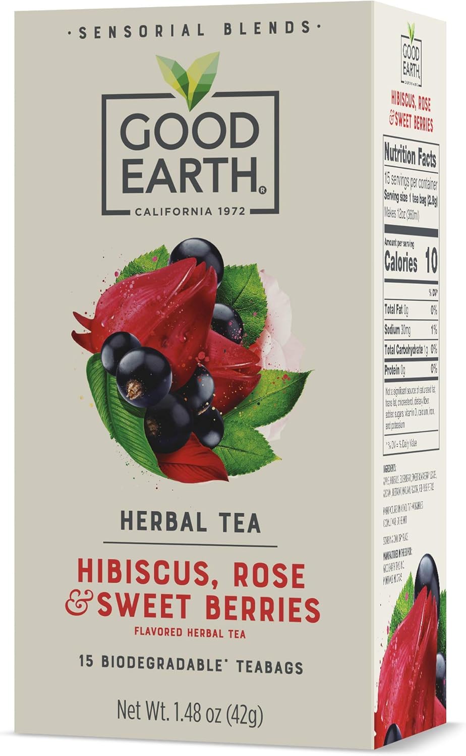 Good Earth Sensorial Blend Flavored Herbal Tea Hibiscus, Rose and Sweet Berries, No Artificial Color, No Preservatives, 15 Bag (Pack of 5)