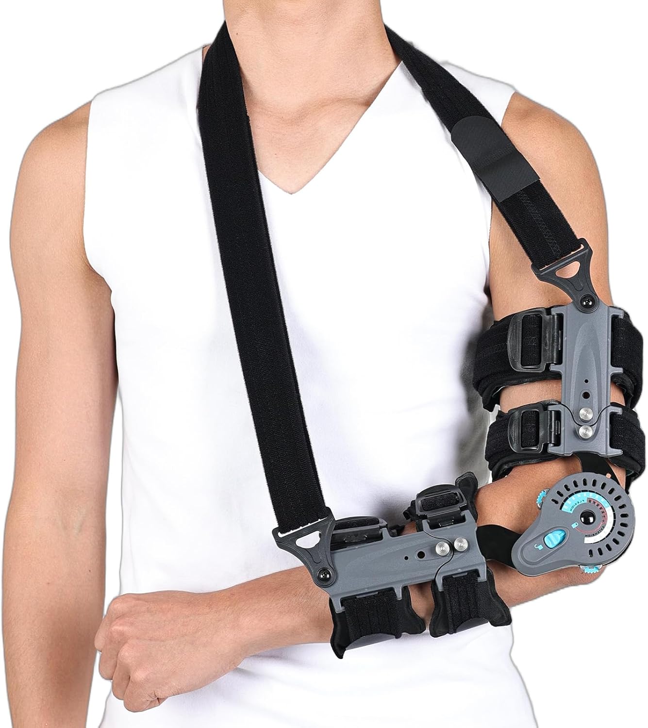 Komzer Hinged Elbow Brace for Post-Op Recovery, Adjustable ROM Elbow Immobilizer with 0°-120° Flexion Control for Fracture, Tennis Elbow, Ligament Tear Rehabilitation, Adult Right Arm Support with Detachable Sling