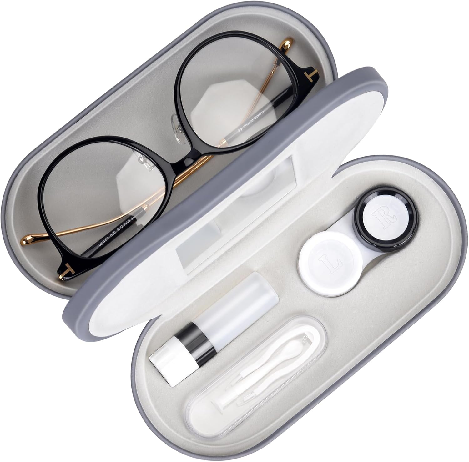 Muf 2 in 1 Contact Lens Case and Glasses Case, Double Sided Design with Mirror, Portable Travel Kit with Tweezer, Remover and Solution Bottle, Grey