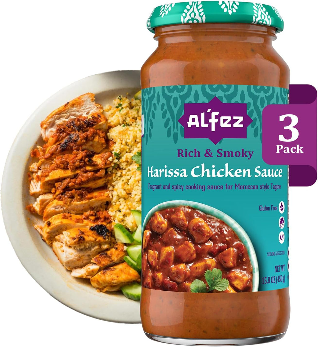 Al’Fez Harissa Chicken Sauce - 15.8 oz (Pack of 3) - Fragrant & Spicy Tomato-Based Cooking Sauce made w/Harissa Paste, Garlic, Red Chilis, Paprika & Cilantro for Moroccan-Style Tagines - Gluten Free