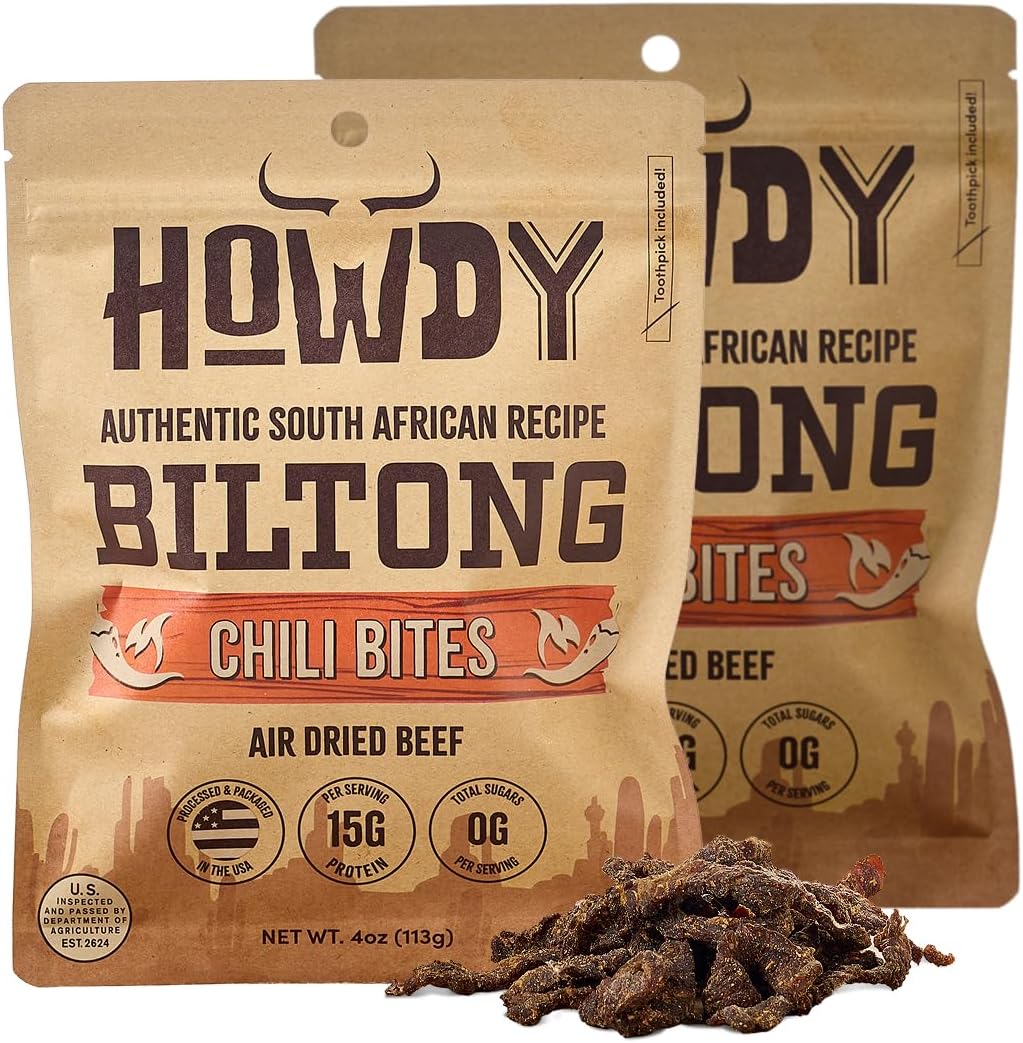HowdySnax Biltong Chili Bites – 2 Pack (8 oz Total) – Air‑Dried Spicy Beef Snack • High‑Protein • Keto & Paleo Friendly • No Preservatives • Made in USA