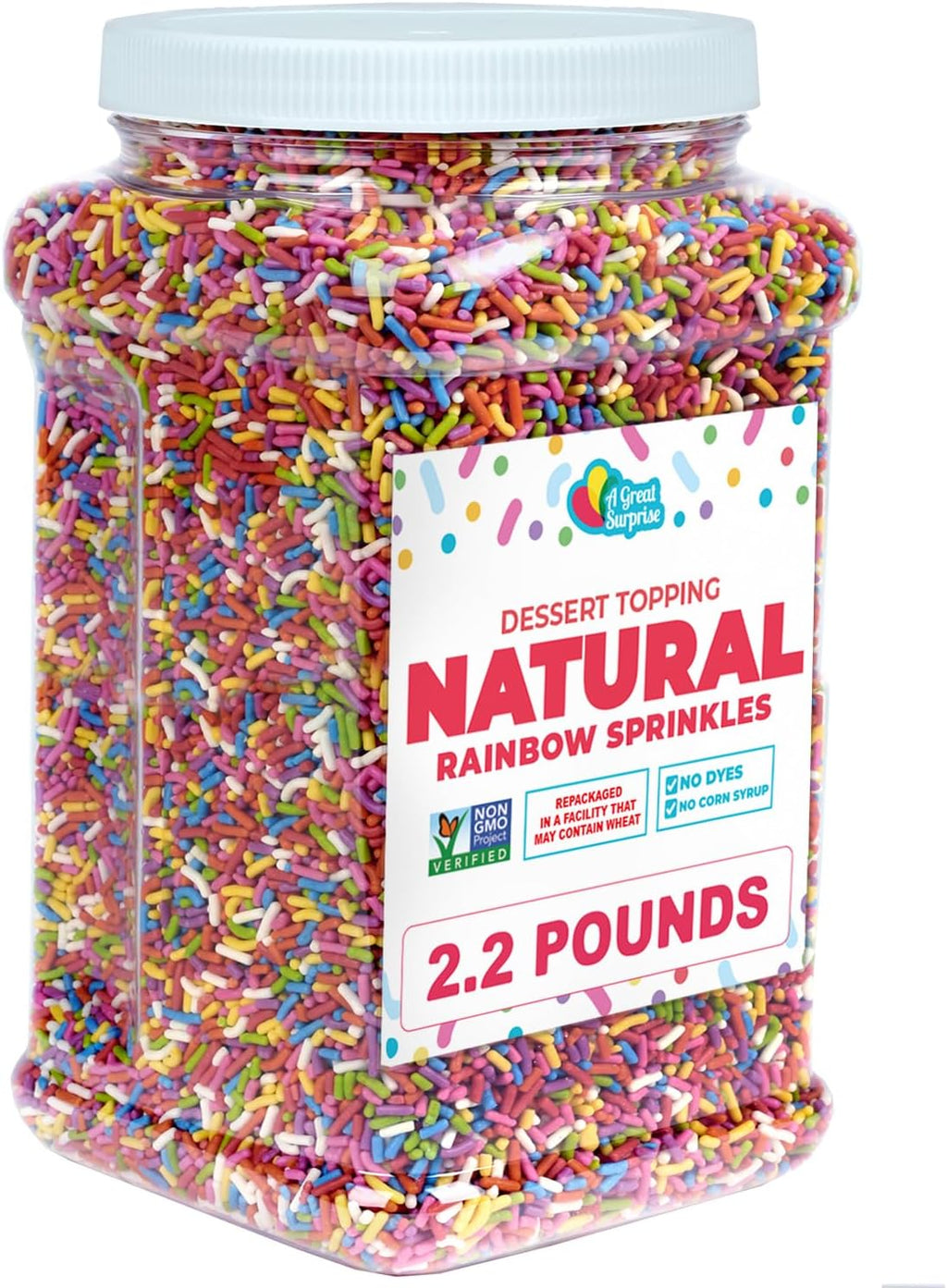 A Great Surprise Dye-Free Rainbow Sprinkles – 2.2 LB - Spring Natural Vegan Baking Toppings with No Artificial Dyes or Flavors – Non-GMO Jimmies for Cookies, Cakes, Ice Cream & Cupcakes