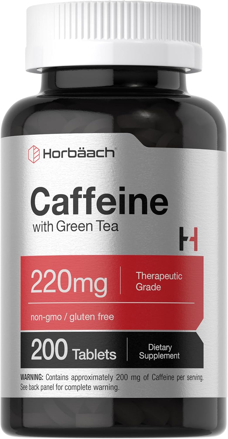 Horbäach Caffeine Pills 200mg | with Green Tea | 200 Tablets | Vegetarian, Non-GMO & Gluten Free