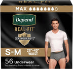 Depend Real Fit Adult Diapers, Incontinence Underwear for Men, Disposable, Maximum Absorbency, Small/Medium, Grey, 56 Count (2 Packs of 28), Packaging May Vary