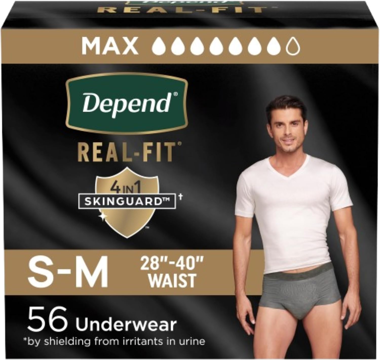 Depend Real Fit Adult Diapers, Incontinence Underwear for Men, Disposable, Maximum Absorbency, Small/Medium, Grey, 56 Count (2 Packs of 28), Packaging May Vary