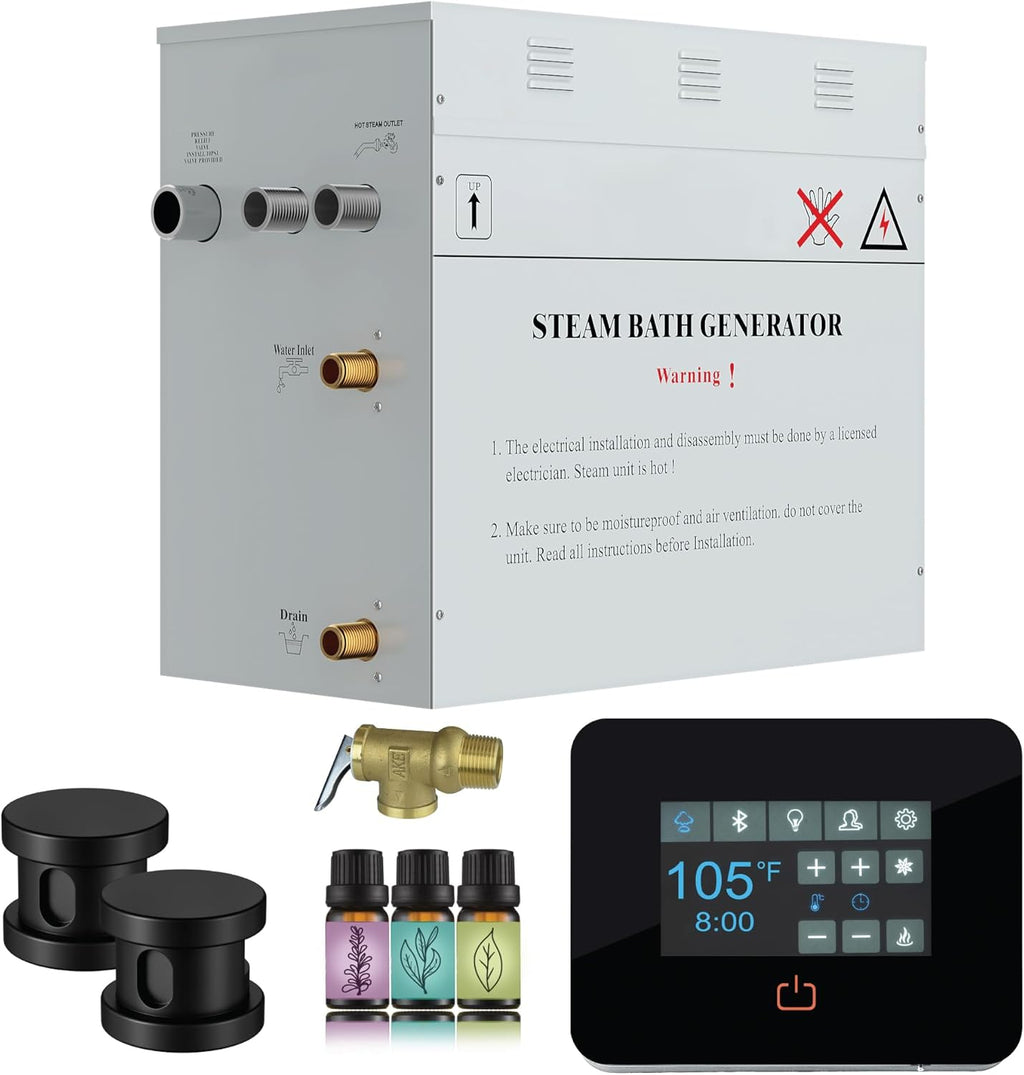 Builders Series 10.5kW Steam Bath Generator with Quickstart Continuous Steam, Black Digital Touch Pad, Built-in Auto-Drain, and Aroma Steamhead in Matte Black