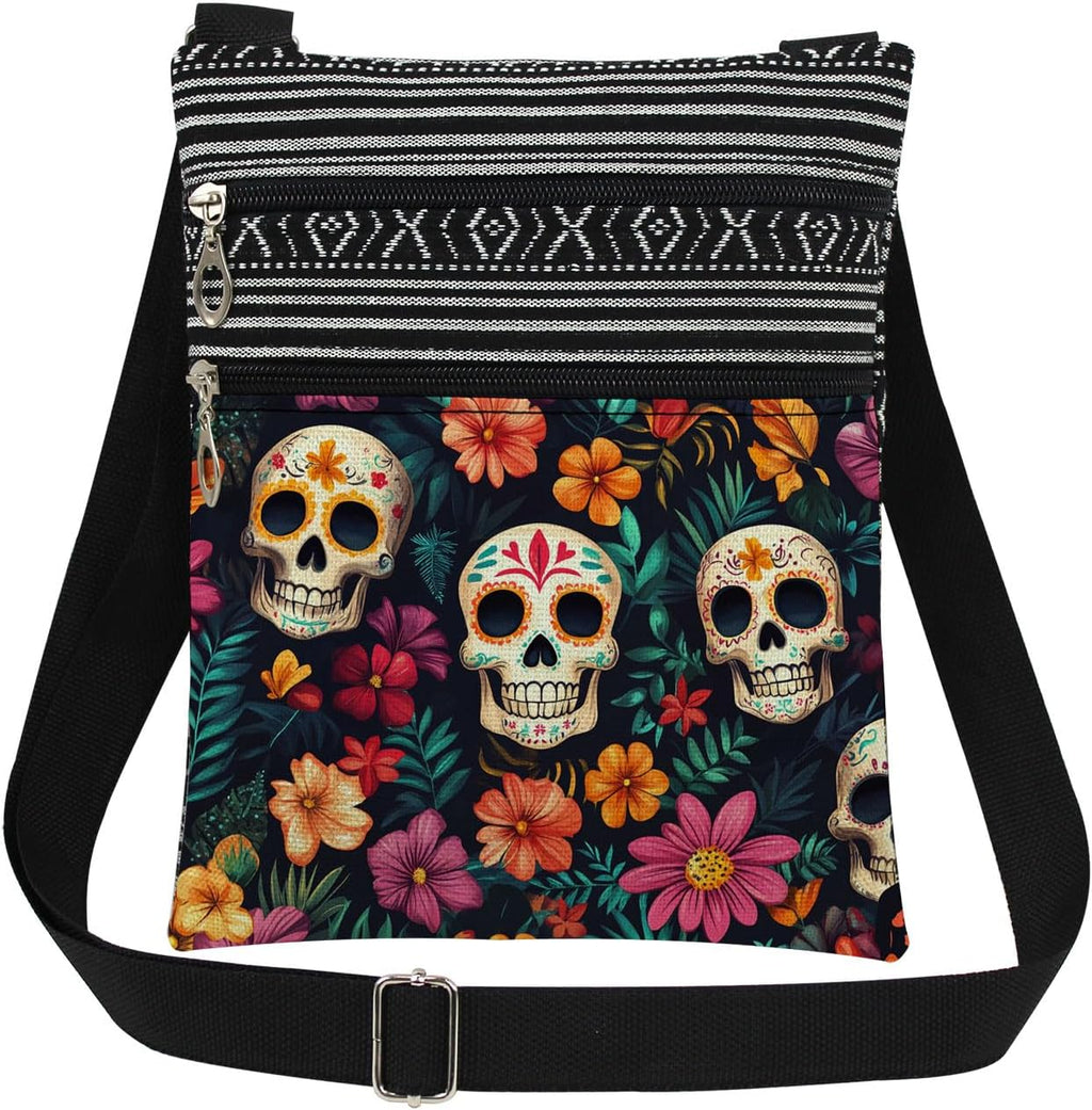 Sugar Skull Floral Print Crossbody Bag Day of The Dead Adjustable Strap Purse for Women & Men Messenger Bag, Gift for Sister Best Friend, Unique Birthday Holiday Present Idea