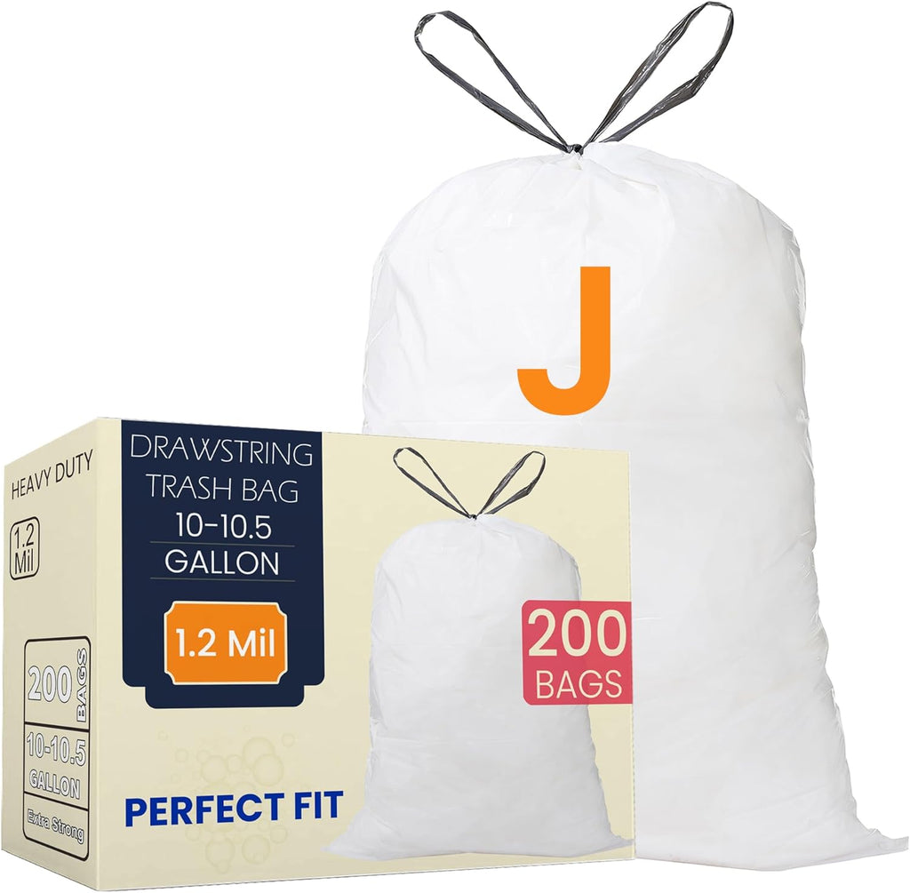Code J (200 Count) 10-10.5 Gallon Heavy Duty Drawstring Trash Bags Compatible with simplehuman Code J Garbage Can Liners 38-40 Liter | 1.2 Mil | White