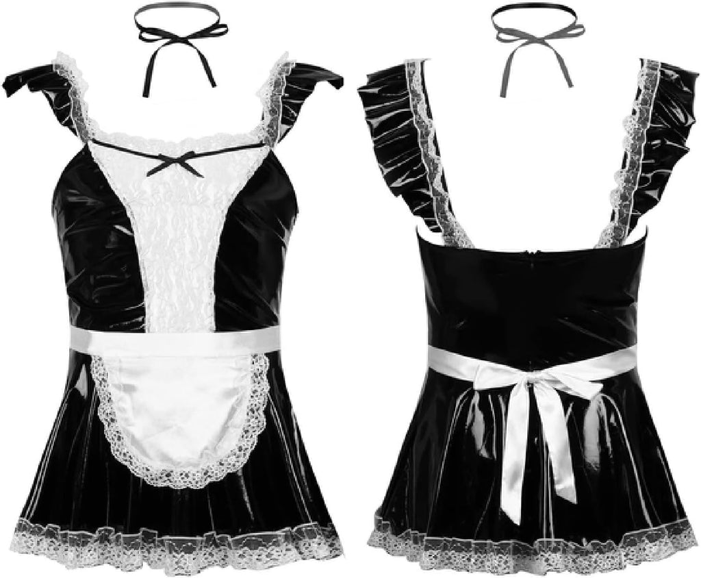 Mens Sissy Maid Cosplay Costume Sissy Clubwear Latex Party Lace Trim Mini Flared Dress with Apron Neckwear