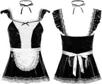 Mens Sissy Maid Cosplay Costume Sissy Clubwear Latex Party Lace Trim Mini Flared Dress with Apron Neckwear