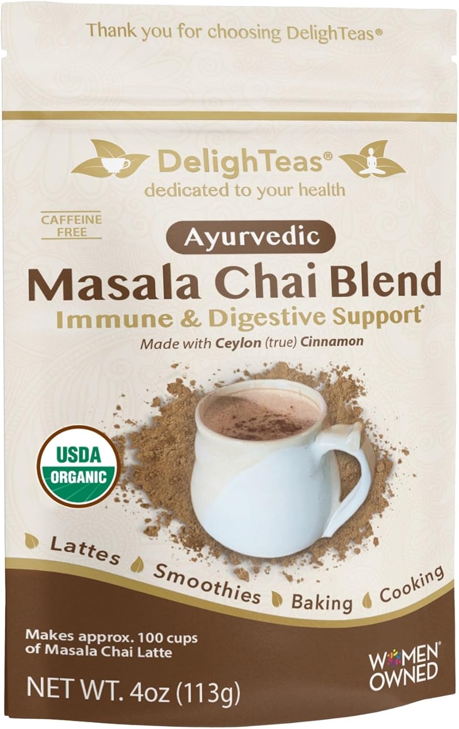 DelighTeas Organic Masala Chai Powder | Caffeine free, Unsweetened, Vegan, Keto | Ayurvedic Digestive Support blend for Chai Spice Tea | 100 Servings, 4oz