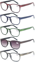 MODFANS Reading Glasses Women/Men Wood Look Round Frame Includes Sun Readers glasses for outdoors 5-Pack Comfort Flexible?Spring Hinge Lightweight with soft case 1.75