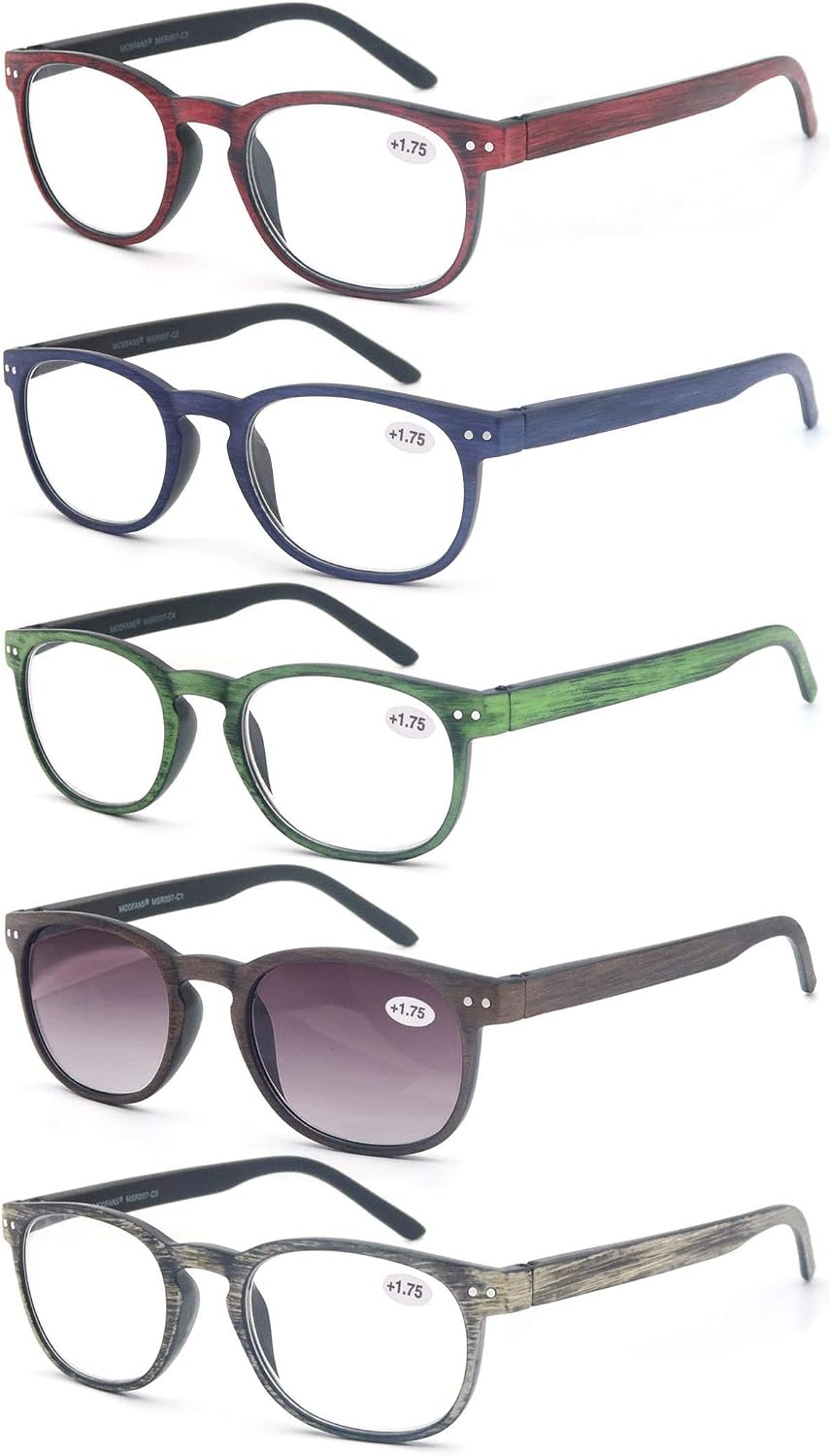 MODFANS Reading Glasses Women/Men Wood Look Round Frame Includes Sun Readers glasses for outdoors 5-Pack Comfort Flexible?Spring Hinge Lightweight with soft case 1.75