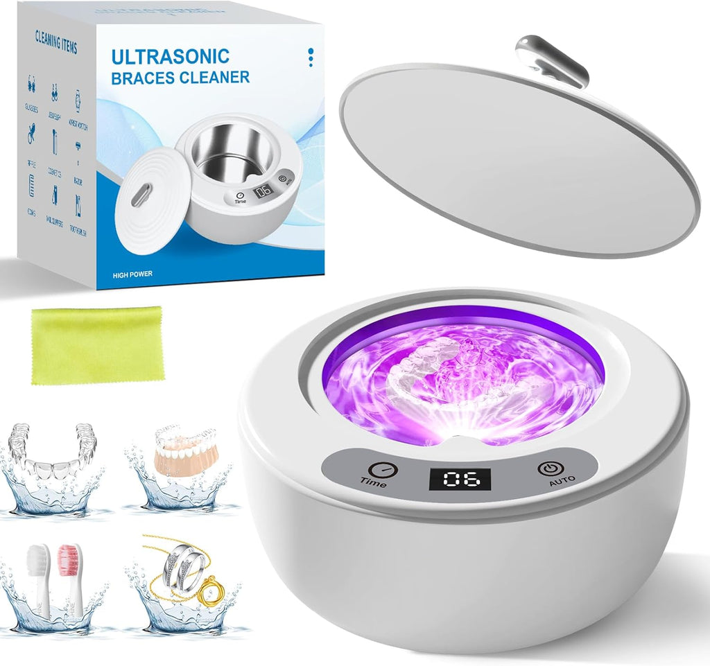 Ultrasonic Retainer & silver Jewelry Cleaner Machine 49kHz with UV Light and Timer Portable for Dentures Aligners, Braces,Dental pod,Mouth Guards,Night Guards,Makeup Brushes,Ring