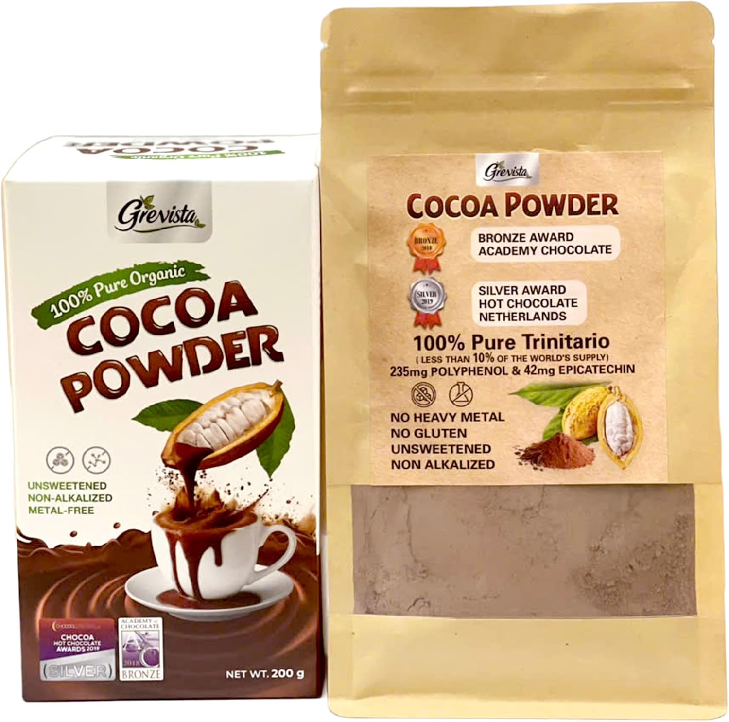 Grevista 100% Pure Cocoa Powder – Unmistakably Premium Quality | Bronze & Silver Medal-Winning | High flavanol | Organic, Unsweetened, Non Alkalized, No Heavy Metal, cacao powder for coffee