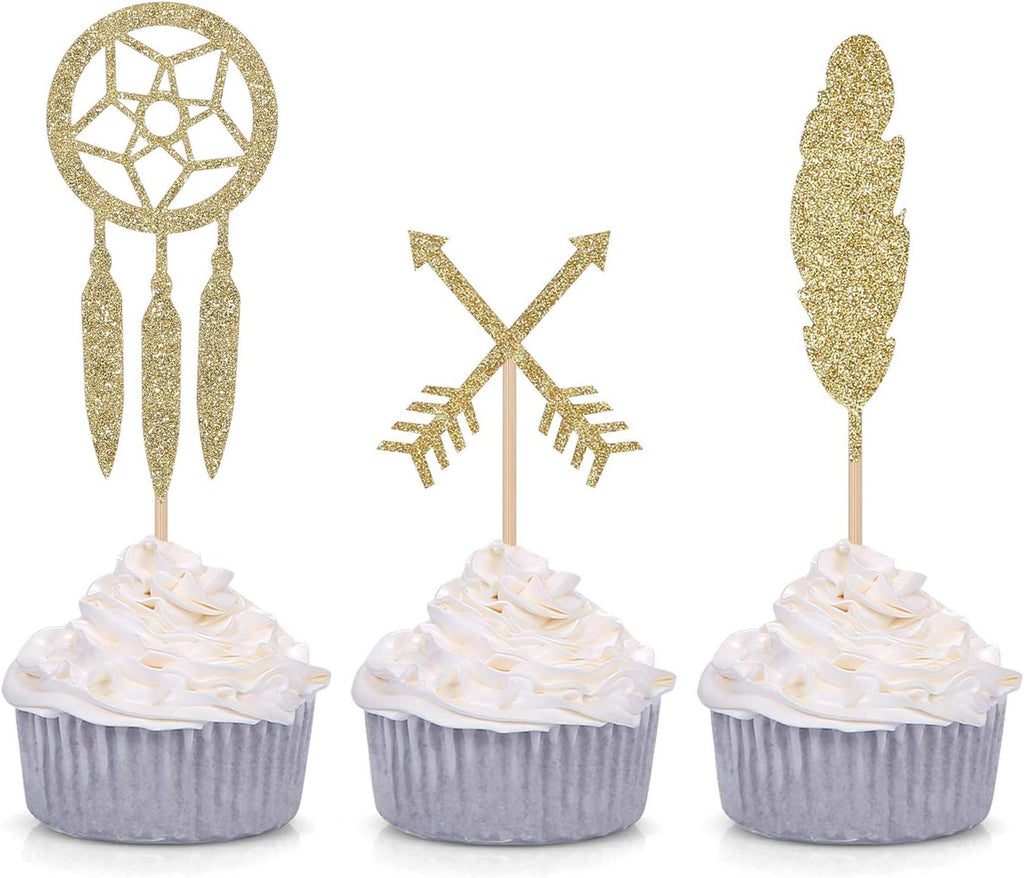 24 Counts Gold Glitter Boho Cupcake Toppers Arrow Feather Dreamcatcher Decorations for Baby Shower - Birthday Party