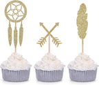 24 Counts Gold Glitter Boho Cupcake Toppers Arrow Feather Dreamcatcher Decorations for Baby Shower - Birthday Party