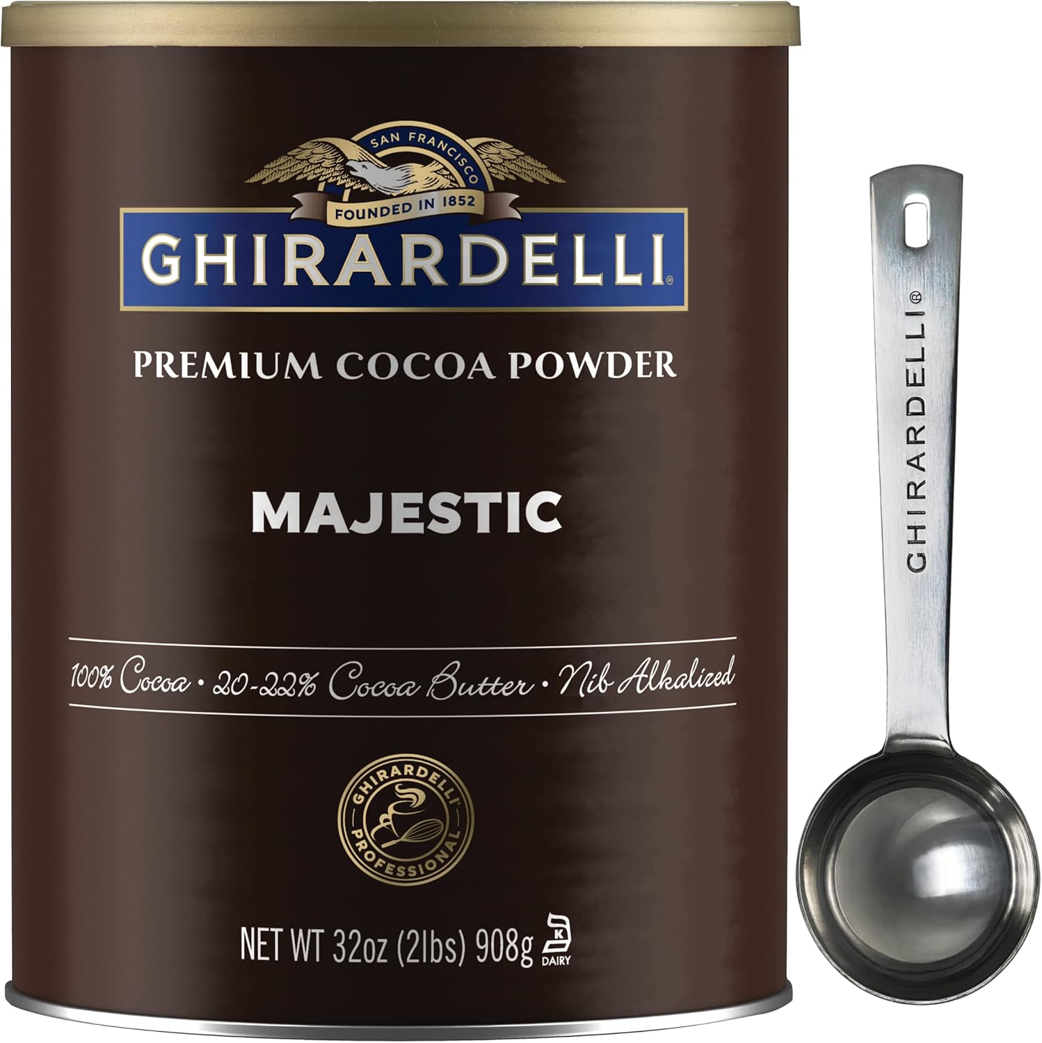 Ghirardelli Majestic Premium Cocoa Powder, 2 Pound Can with Ghirardelli Stamped Barista Spoon