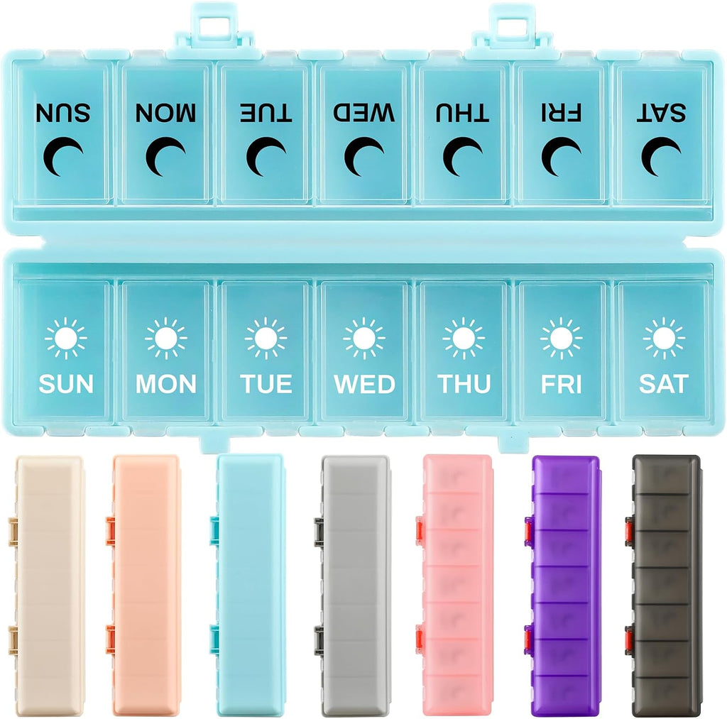 Foldable Pill Organizer Weekly 2 Times a Day, 7 Day Portable AM PM Travel Pill Case with Black&White Labels, Dual-Protection Daily Medicine Box, Large Pill Container for Vitamin/Supplement-Blue