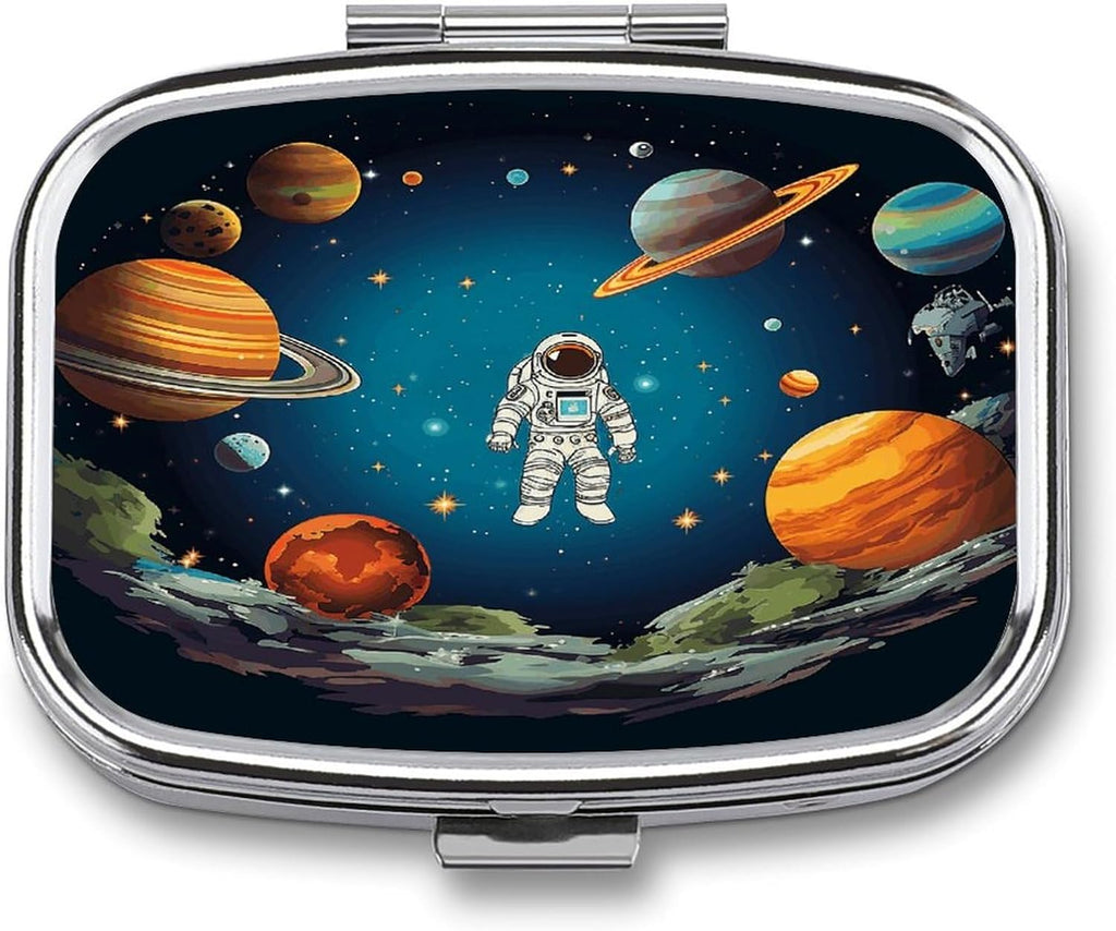 Outer Space Rocket Astronaut Pill Organizer with 2 Compartments Portable Pill Container Small Pill Box for Purse Travel Essentials Metal Pill Case Mini Medicine Container for Daily Use