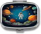 Outer Space Rocket Astronaut Pill Organizer with 2 Compartments Portable Pill Container Small Pill Box for Purse Travel Essentials Metal Pill Case Mini Medicine Container for Daily Use
