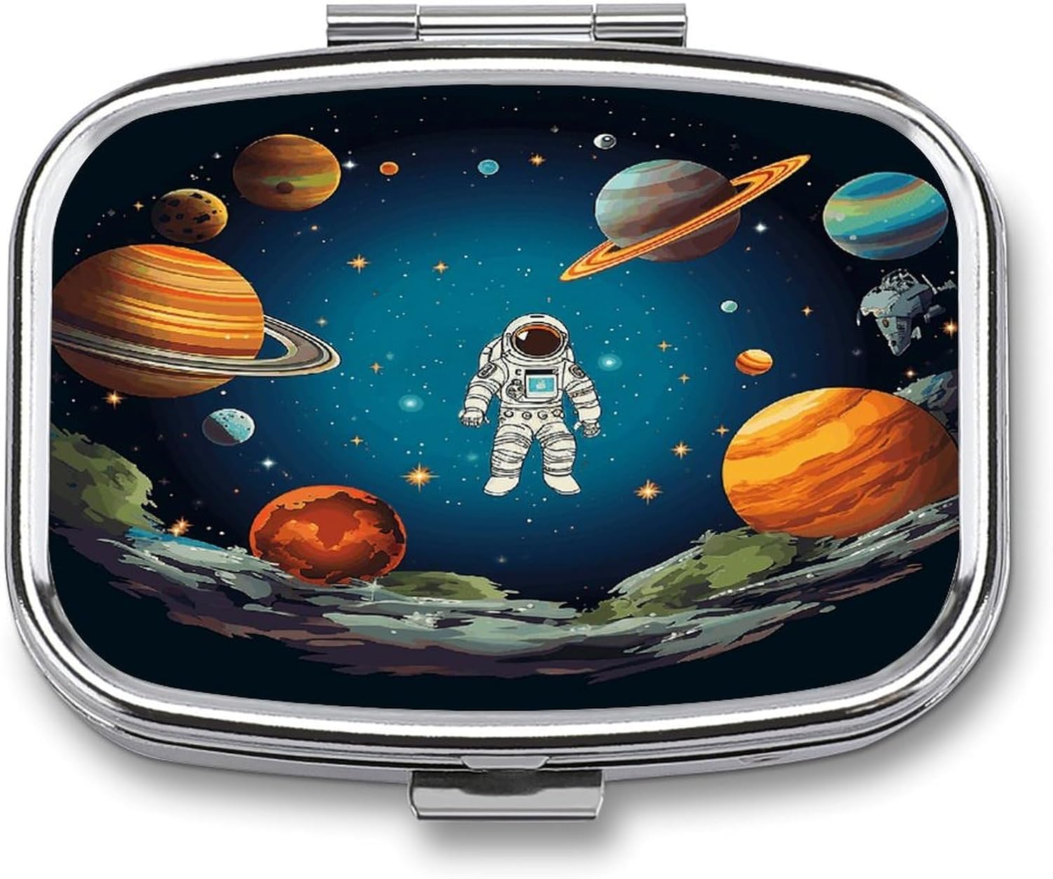 Outer Space Rocket Astronaut Pill Organizer with 2 Compartments Portable Pill Container Small Pill Box for Purse Travel Essentials Metal Pill Case Mini Medicine Container for Daily Use