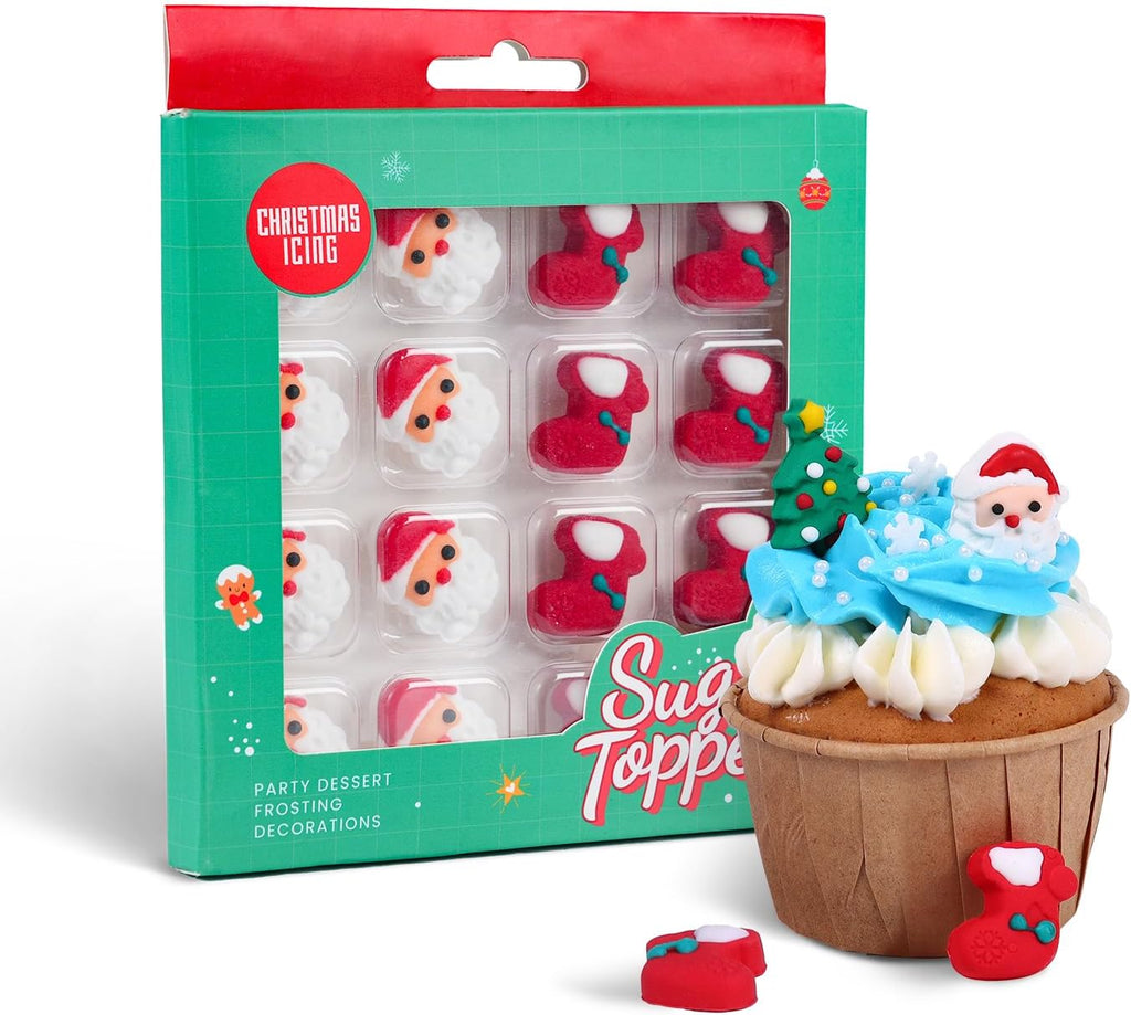16 Pcs Edible Christmas Cake Decorations, Santa Claus Icing Decorations, Socks for Christmas Gingerbread House, Cupcakes, Cake, Cookies, and Cakecicles