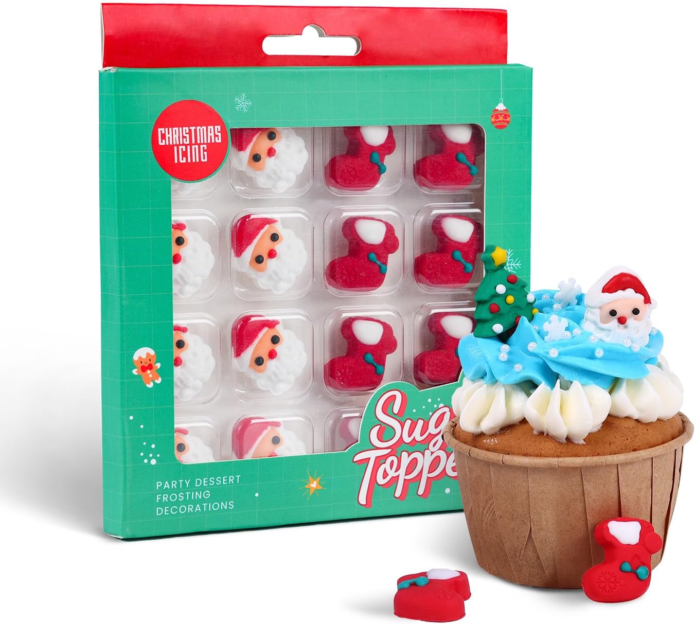 16 Pcs Edible Christmas Cake Decorations, Santa Claus Icing Decorations, Socks for Christmas Gingerbread House, Cupcakes, Cake, Cookies, and Cakecicles