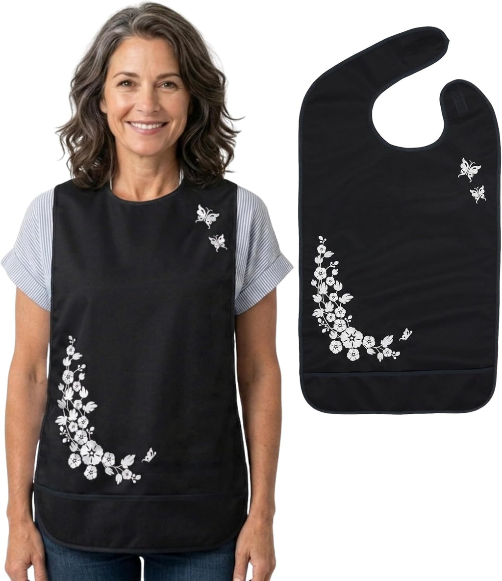 Modaliv Reusable Adult Bib for Women – Floral, Full-Cover Embroidered Eating Protector – Washable Bib for Seniors, Elderly, Dementia Care, Mom – Dignified Adaptive Clothing Gift