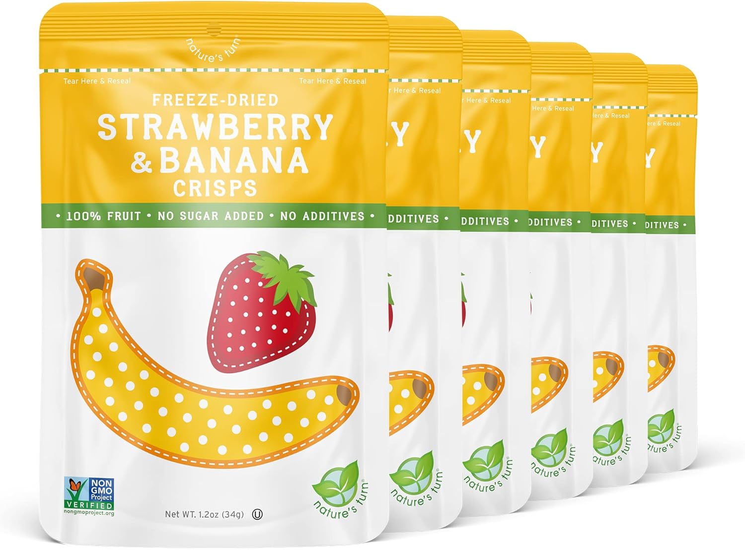 Nature's Turn Freeze-Dried Fruit Crisps – Healthy, Gluten-Free, Plant-Based, Crispy & Delicious Snack – Ideal for Cereal, & School On-the-Go Snacks – Strawberry & Banana, 6 Bags (1.2 oz Each)