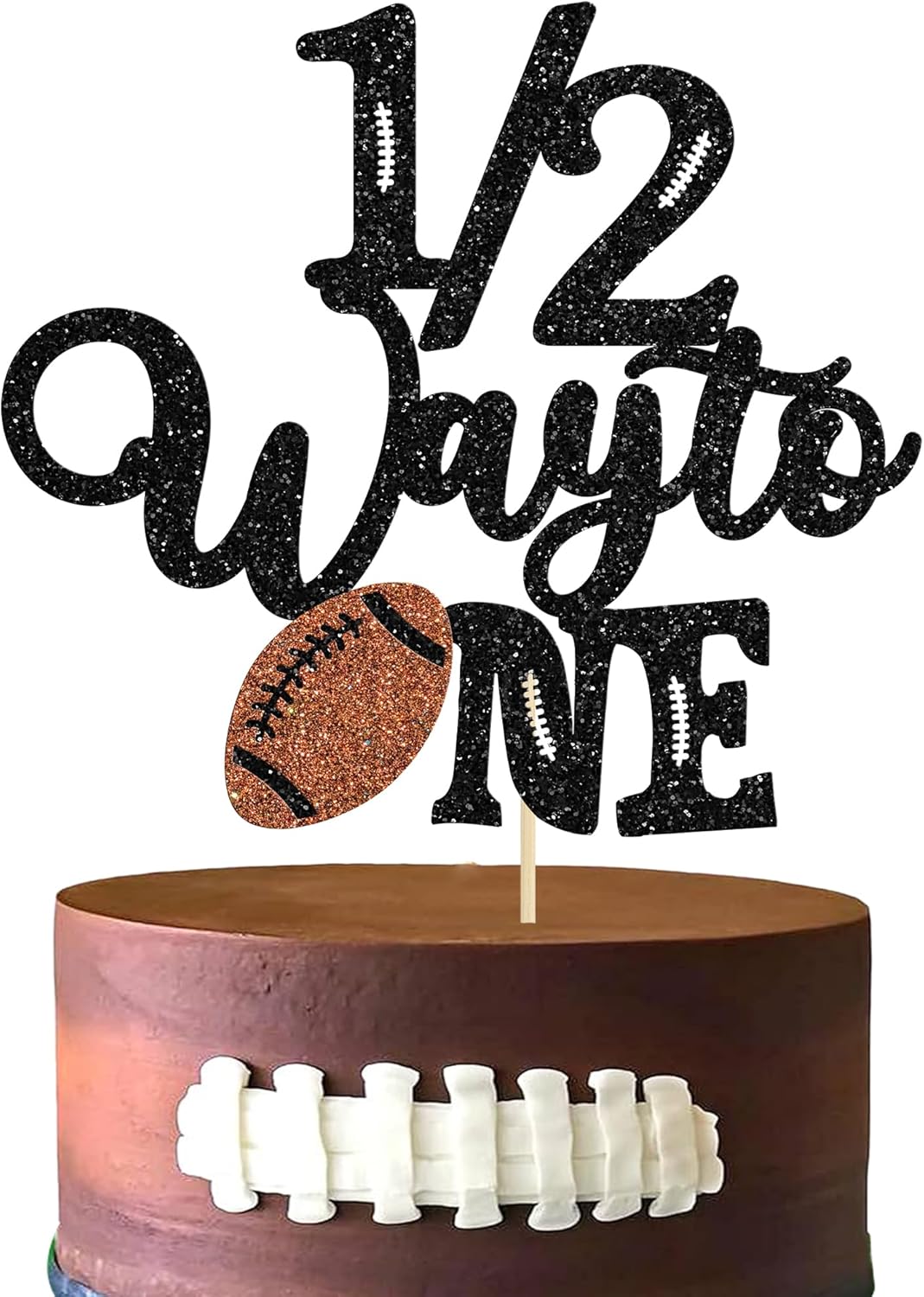 Gyufise 1Pc Soccer Half Way to One Cake Topper Glitter Rugby Happy 6 Months Birthday Cake Pick 1/2 Half Birthday Cake Decoration for Baby Half Year Old Birthday Party Decorations Supplies Brown