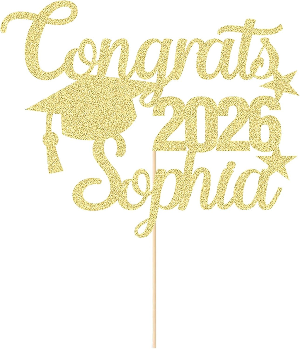 Personalized Graduation Cake Topper Class of 2026 Cake Toppers Graduation Gifts Glitter Congrats Cake Topper with Any Name for Son Daughter Friends Grandson Cake Decorations (Champagne Gold)
