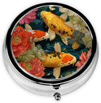 Fresh Flowers and koi Fish Prints Round Mini Pill Box with 3 compartments for Pill Storage and Portable Travel