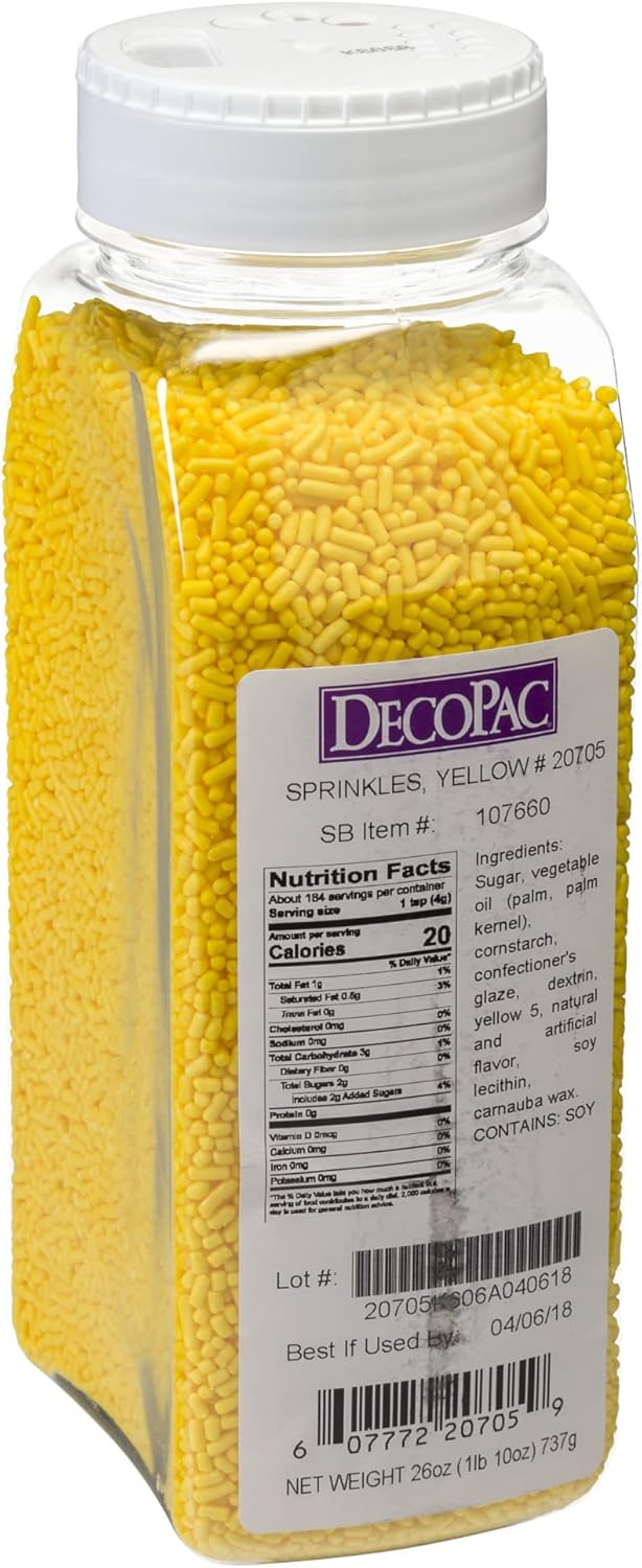 DecoPac Yellow Sprinkles | Extra Large 26oz Pack | Cake Sprinkle Mix, Fancy Sprinkles For Cake Decorating, Handheld Container, Candy Sprinkles, Cake Sprinkles - Yellow