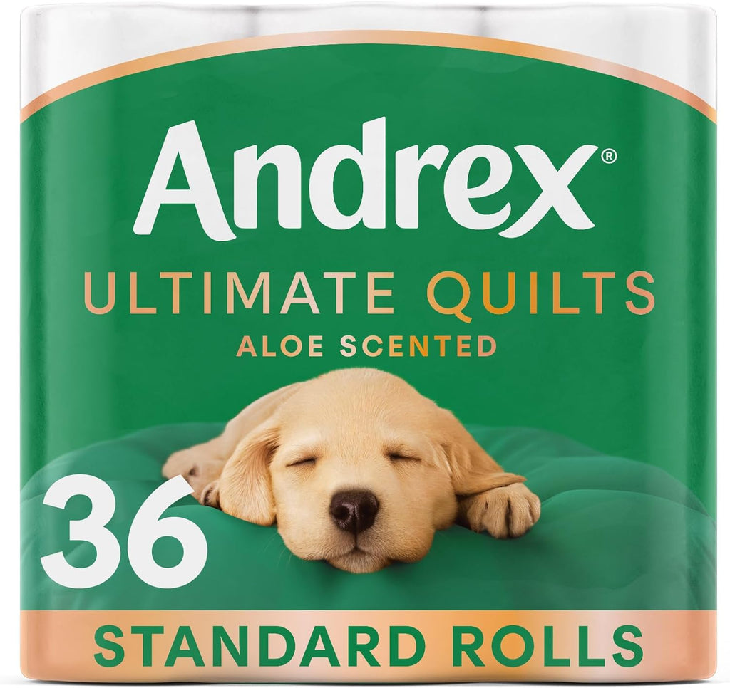Andrex Ultimate Quilts Toilet Tissue 36 Rolls with Aloe Vera Fragrance, Air Pocket Technology for Soft, Thick Sheets - Bulk Pack of 36 Quilted Toilet Rolls, FSC Certified