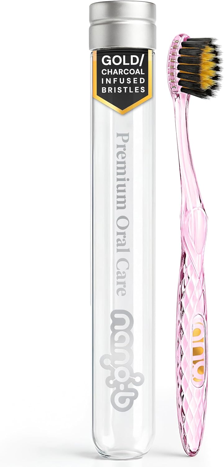 Nano-b Manual Toothbrush for Adults with Sensitive Gums, Gold & Charcoal Soft/Medium Bristles, Travel Case, Pink
