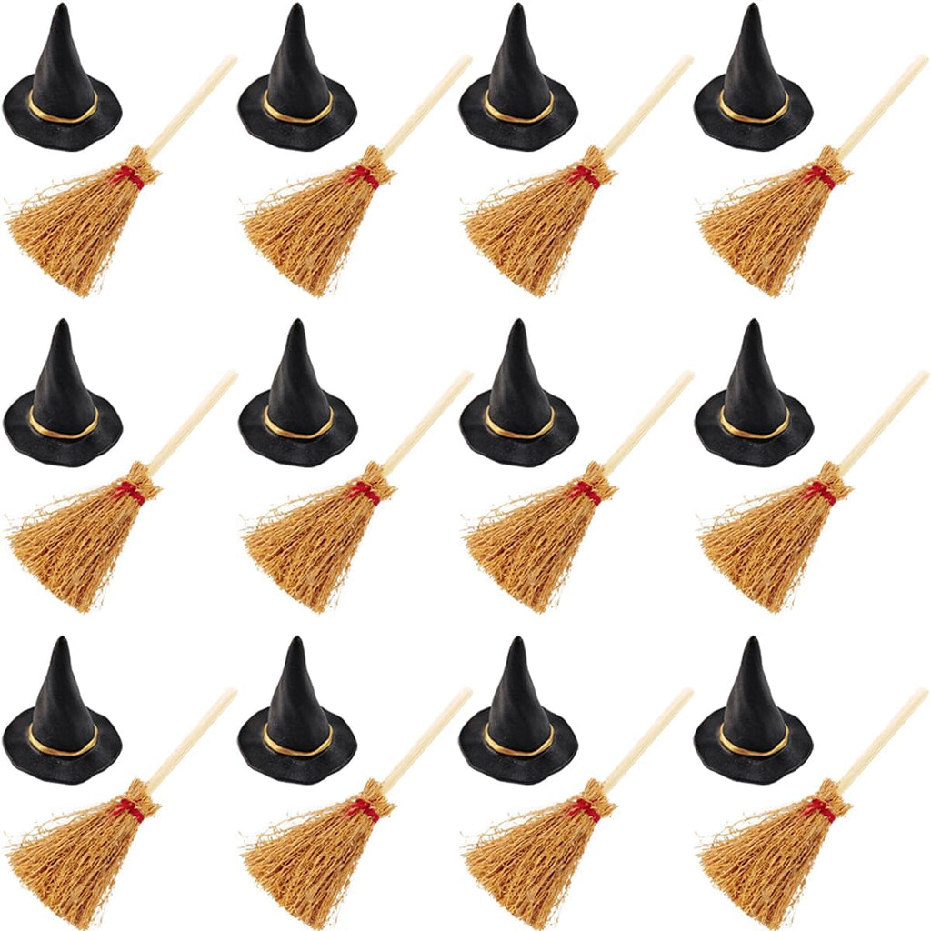 GXXMEI 24PCS/Set Mini Witch Hat with Mini Broom Miniature Straw Brooms with Red Rope Plastic Witch Hats and Brooms for Halloween for Halloween Party Craft Witches Decoration Accessory
