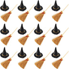 GXXMEI 24PCS/Set Mini Witch Hat with Mini Broom Miniature Straw Brooms with Red Rope Plastic Witch Hats and Brooms for Halloween for Halloween Party Craft Witches Decoration Accessory