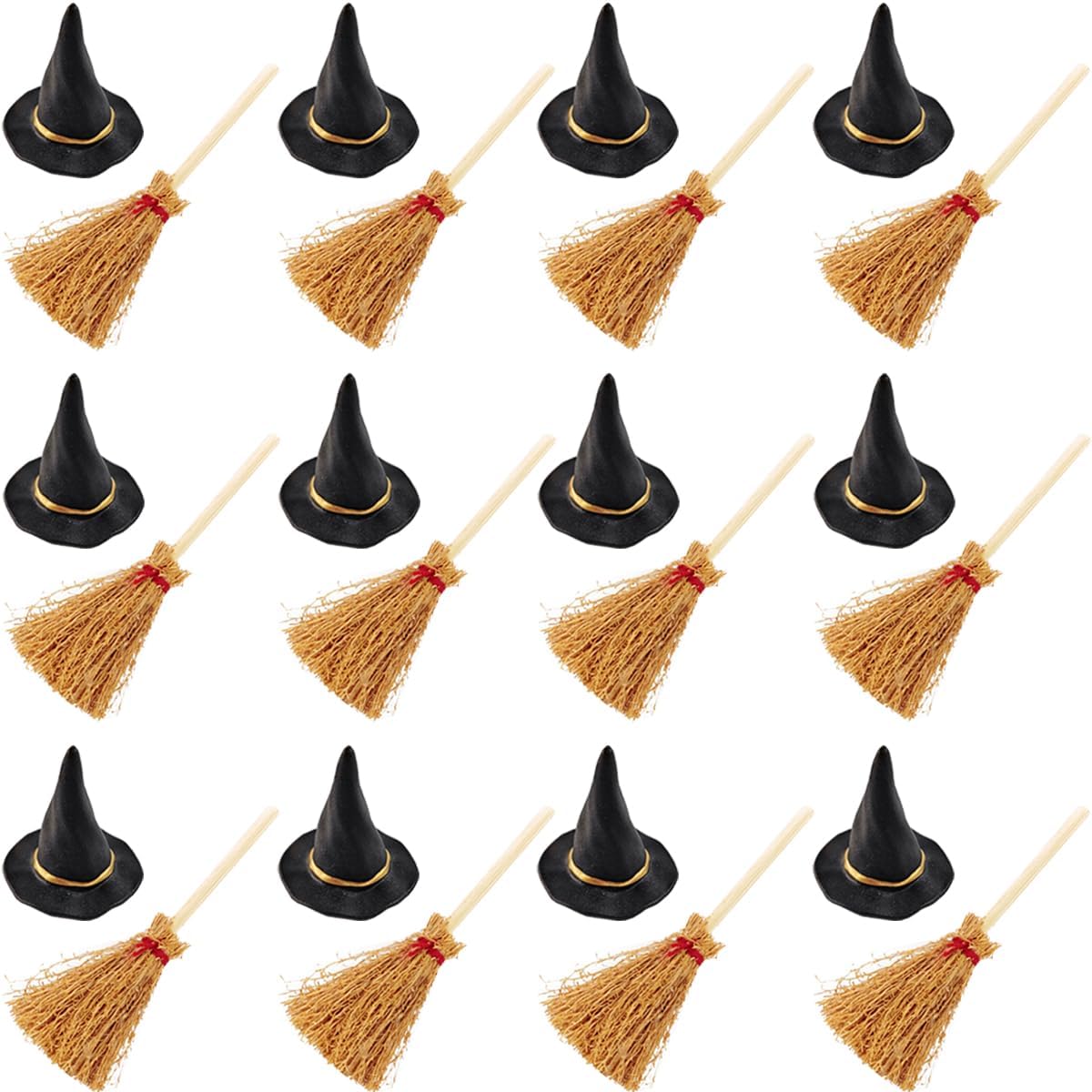 GXXMEI 24PCS/Set Mini Witch Hat with Mini Broom Miniature Straw Brooms with Red Rope Plastic Witch Hats and Brooms for Halloween for Halloween Party Craft Witches Decoration Accessory