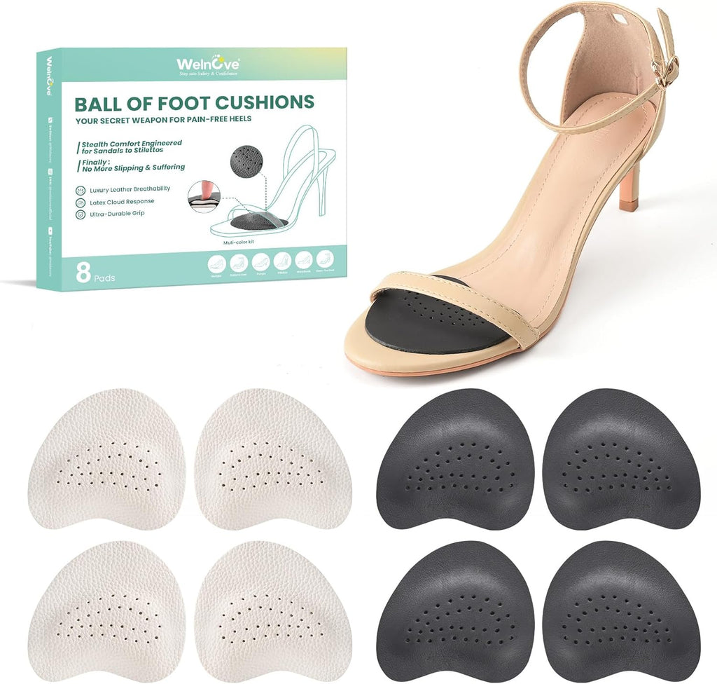 Leather Metatarsal Pads Women - Welnove 4 Pairs Ball of Foot Cushions for Women Men Comfort Anti Slip Forefoot Pads Inserts for High Heels, Sandals, Flats, Pumps and Mules All Day Pain Relief
