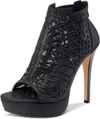 HDEUOLM Women Crystal Stiletto Platform Sandals Peep-Toe High Heels Roman Sandals With Zipper 5.1 Inch Heel