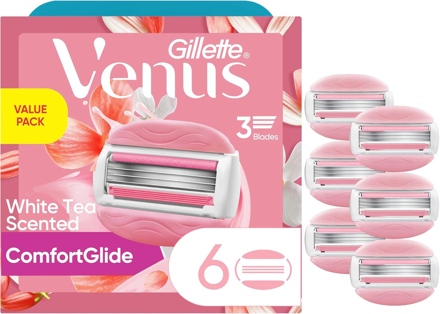 Gillette Venus ComfortGlide White Tea Women's Razor Blades, 3-Blade Razor Refills, 6 Count