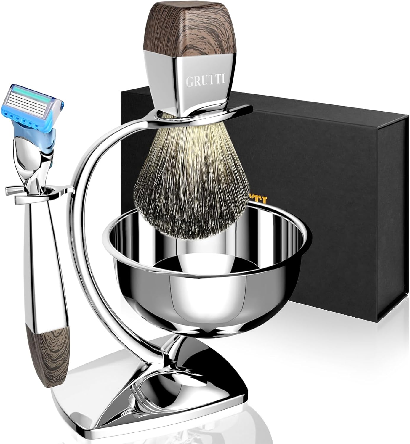 GRUTTI Shaving Kit for Men, 4 in 1 Shaving set Includes Badger Brush, Safety Mens Razor, Shaving Stand, Soap Bowl, Compatible with Fusion 5, Come with Gift Box for Boyfriend Husband Dad Fathers Day
