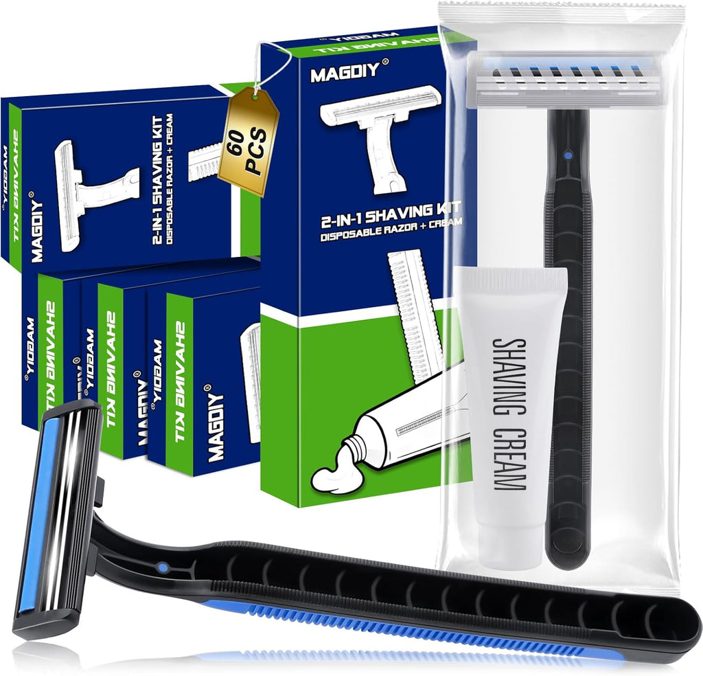 60 Pack Disposable Razors Bulk for Men with Travel Shaving Cream, Homeless Supplies Bulk, Twin Blade Travel Razors and Shaving Cream Kit, Individually Wrapped Toiletries for Hotel Airbnb Church
