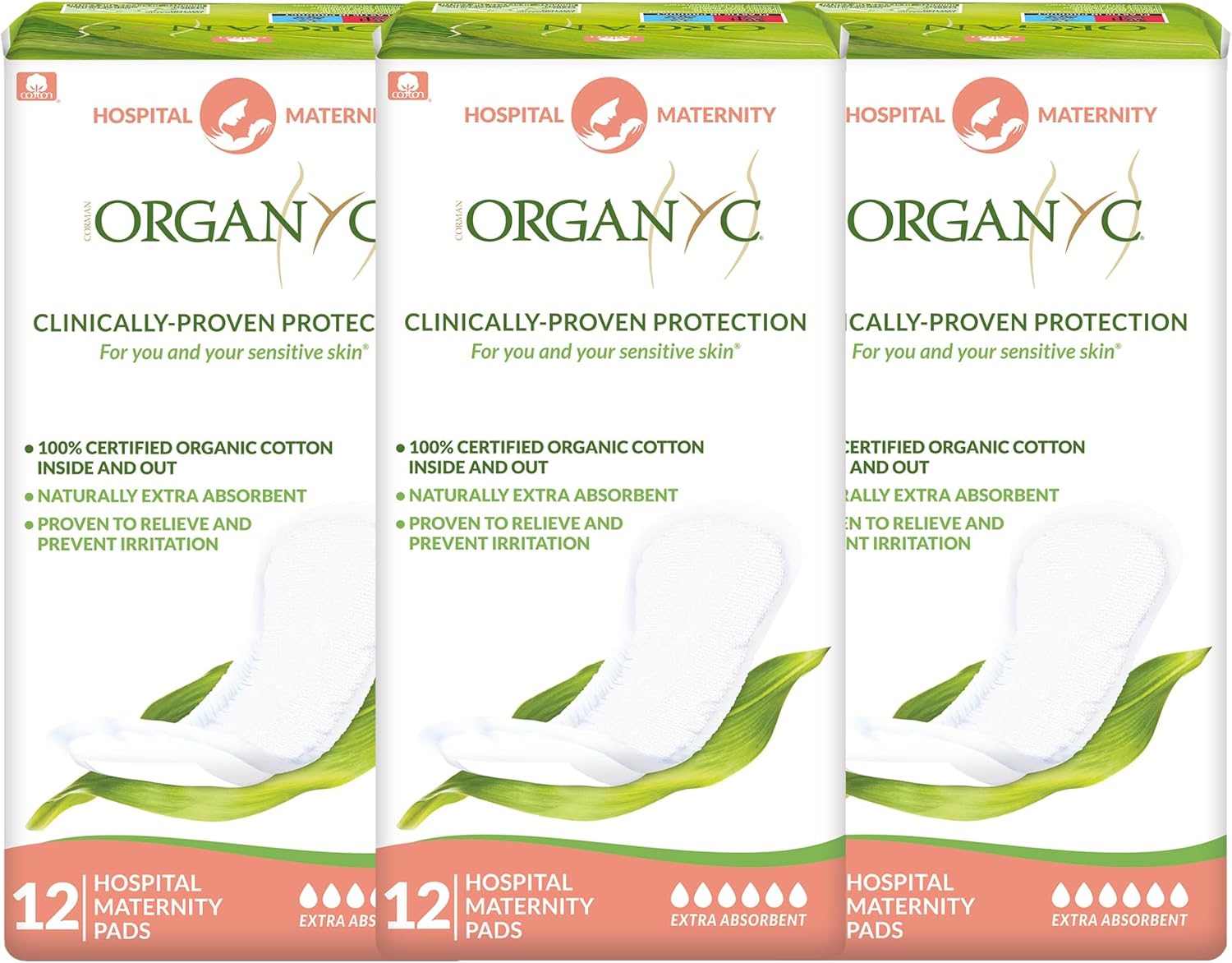 Organyc Hospital Postpartum Pads, 100% Certified Organic Cotton Inside and Out for Women, for First Days After Delivery, 3 Pack of 12 Count