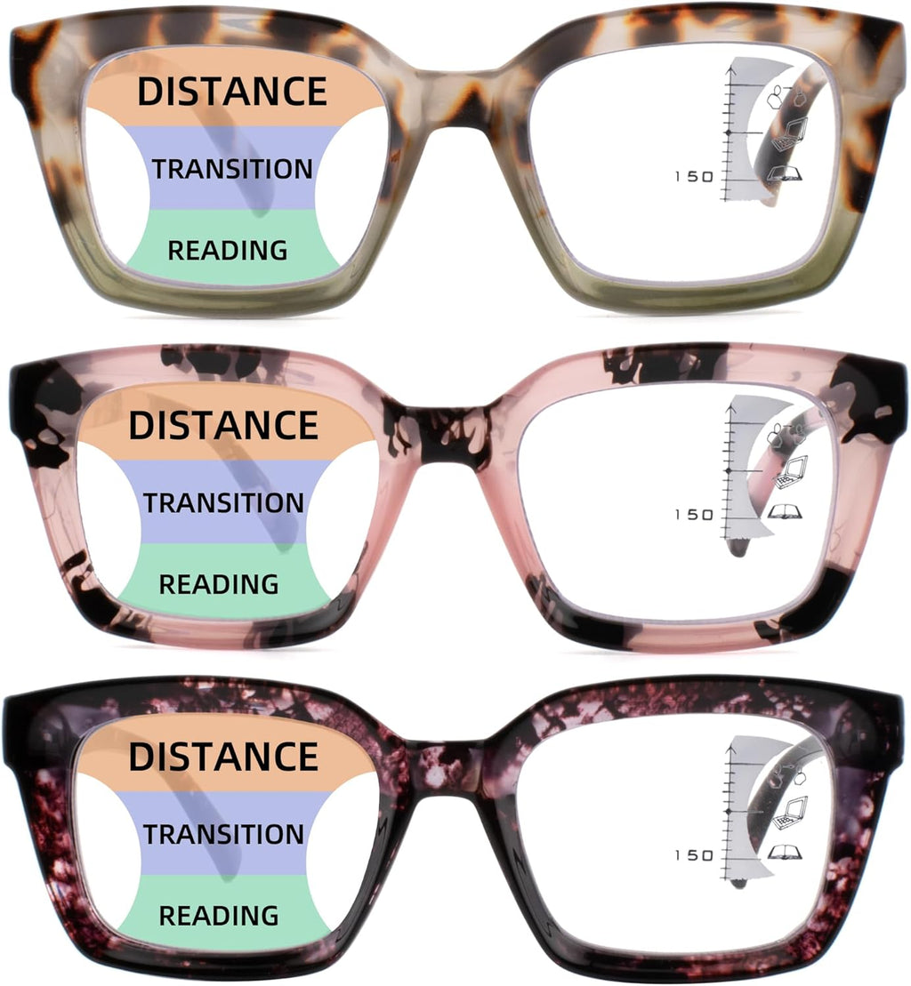 HIYANJN 3 Pack Progressive Multifocal Reading Glasses for Women Men Oprah style Blue Light Blocking Spring Hinger Readers 2.50