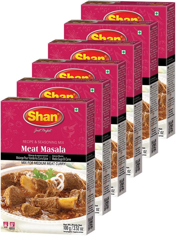 Shan - Meat Masala Seasoning Mix (100g) - Spice Packets for Medium Meat Curry (Pack of 6)