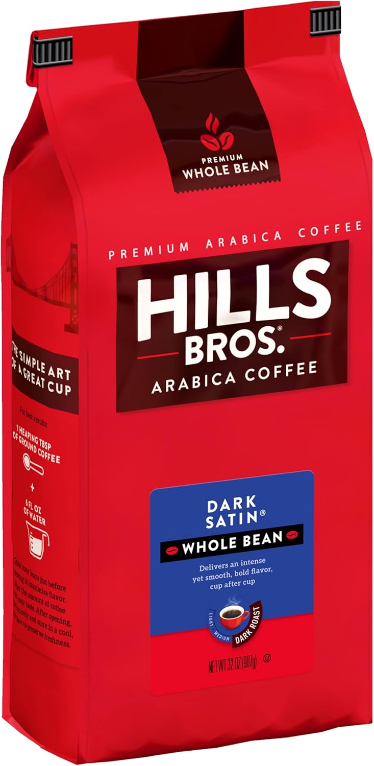 Hills Bros. Dark Satin Whole Bean Coffee – Rich and Bold Premium Arabica Coffee Beans – Orthodox Union Kosher – Dark Roast, Fresh Grind for Best Aroma & Taste – Dark Satin, 1 Pack of 32oz